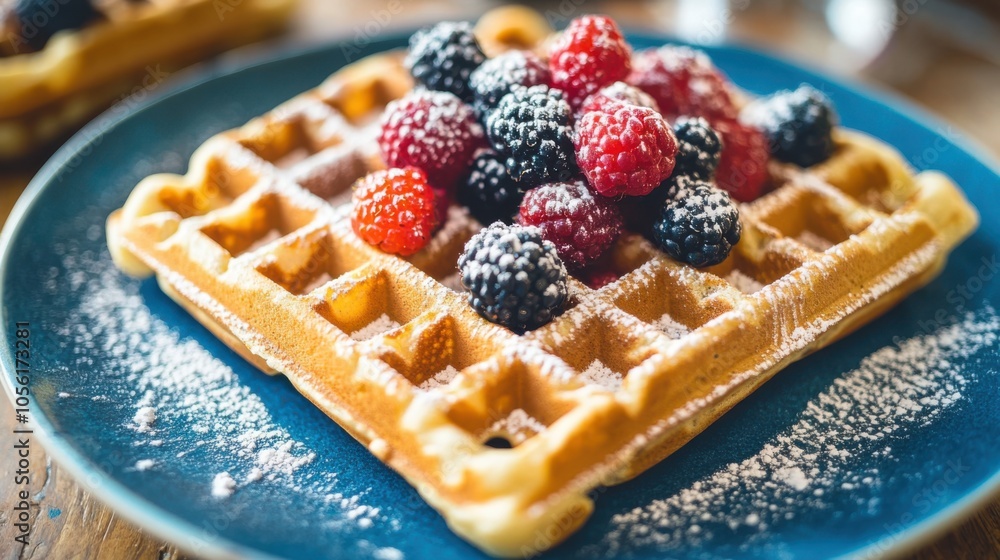 Belgian waffles topped with mixed berries and a dusting of powdered sugar Belgian waffles topped with mixed berries and a dusting of powdered sugar