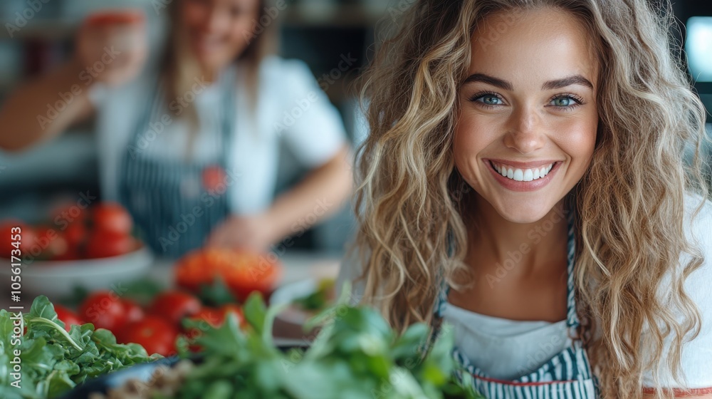 A cheerful woman with curly hair smiles brightly in a kitchen setting surrounded by fresh greens and tomatoes, wearing a striped apron. Another person is in the background.