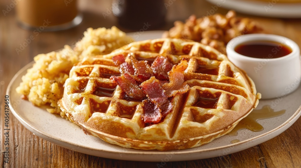 Buttermilk waffles served with maple syrup, crispy bacon, and a side Buttermilk waffles served with maple syrup, crispy bacon, and a side