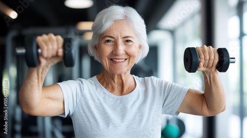 A smiling senior woman with white hair lifts dumbbells in a modern gym, highlighting her commitment to maintaining strength and embracing a healthy lifestyle.
