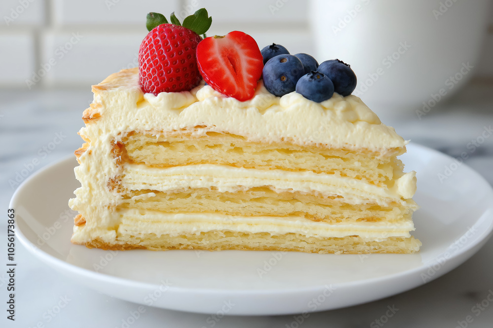 slice of napoleon cake with multiple layers of crispy flaky pastry and cream topped with fresh strawberries and blueberries slice of napoleon cake with multiple layers of crispy flaky pastry and cream topped with fresh strawberries and blueberries