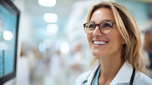 A smiling doctor in glasses closely observes a screen while standing in a hospital hallway with other medical professionals in the background, exuding confidence.