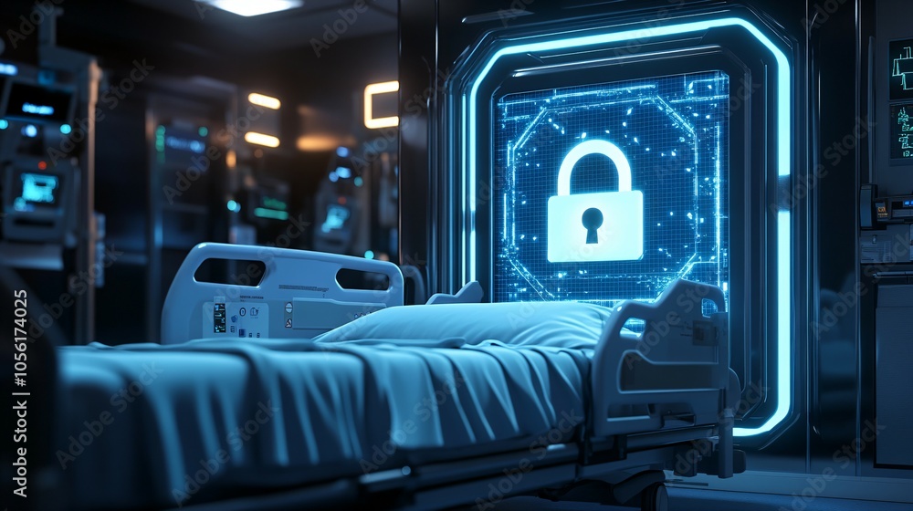 Digital lock symbol over a hospital bed, representing healthcare data security and patient privacy Digital lock symbol over a hospital bed, representing healthcare data security and patient privacy