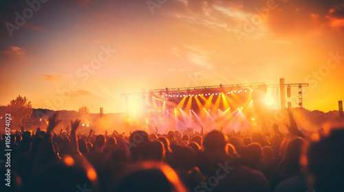 Crowd of people dancing at an outdoor concert at sunset