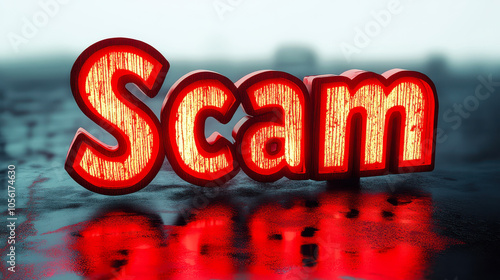 3D Illustration of Scam in Red Letters Highlighting Fraud, Deception, and Risk Concepts photo