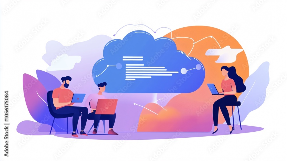 Illustration of People Using Laptops with a Cloud Computing Concept.