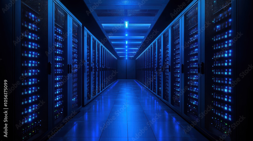 Server room corridor with blue LED lights, modern data center infrastructure, network servers, high-performance computing, technology systems, information technology, cloud storage, IT infrastructure Server room corridor with blue LED lights, modern data center infrastructure, network servers, high-performance computing, technology systems, information technology, cloud storage, IT infrastructure