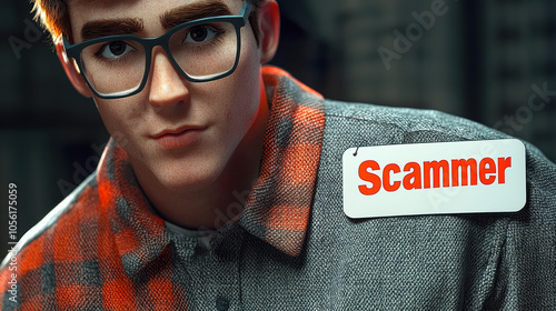 Conceptual Illustration of Scammer Name Tag on Character with Glasses photo