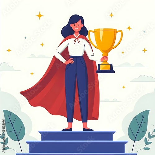 Wallpaper Mural Flat, isolated illustration of a woman proudly holding a trophy while standing on stairs. The design features clean lines and a confident pose, symbolizing success and achievement. Torontodigital.ca