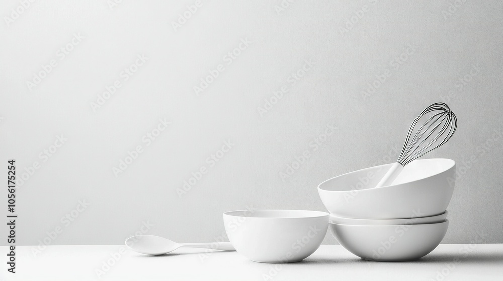 A white bowl with a whisk inside and another bowl with a whisk sitting on a table A white bowl with a whisk inside and another bowl with a whisk sitting on a table