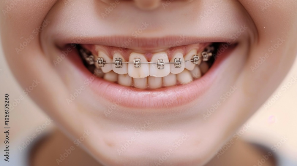 Fototapeta premium Close-up of a smiling child with braces showcasing dental care and orthodontic health