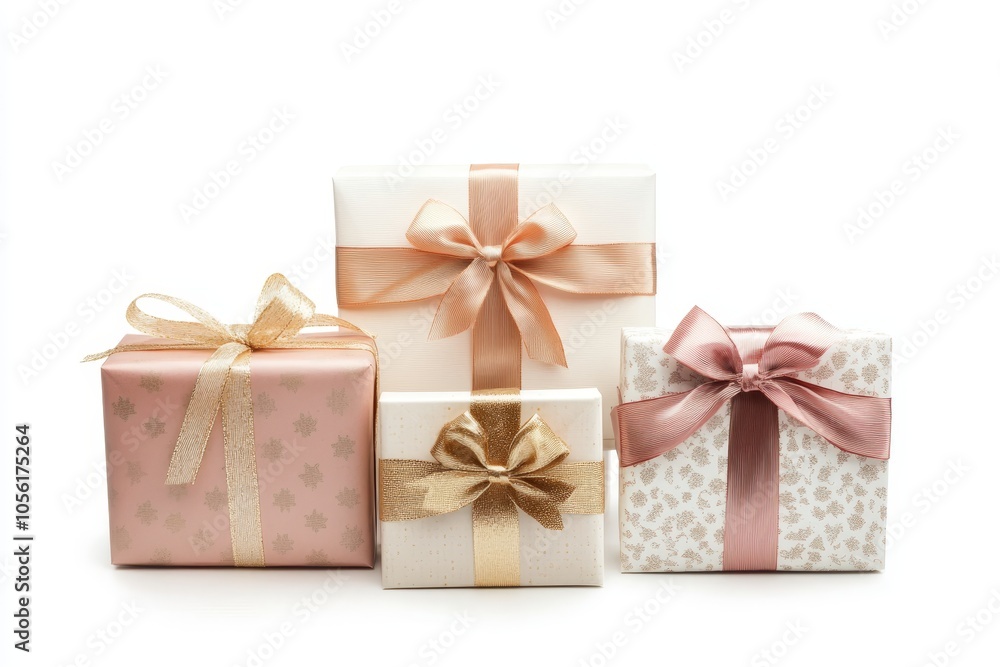 Three elegantly wrapped gift boxes with ribbons on white for christmas present ideas and inspiration Three elegantly wrapped gift boxes with ribbons on white for christmas present ideas and inspiration