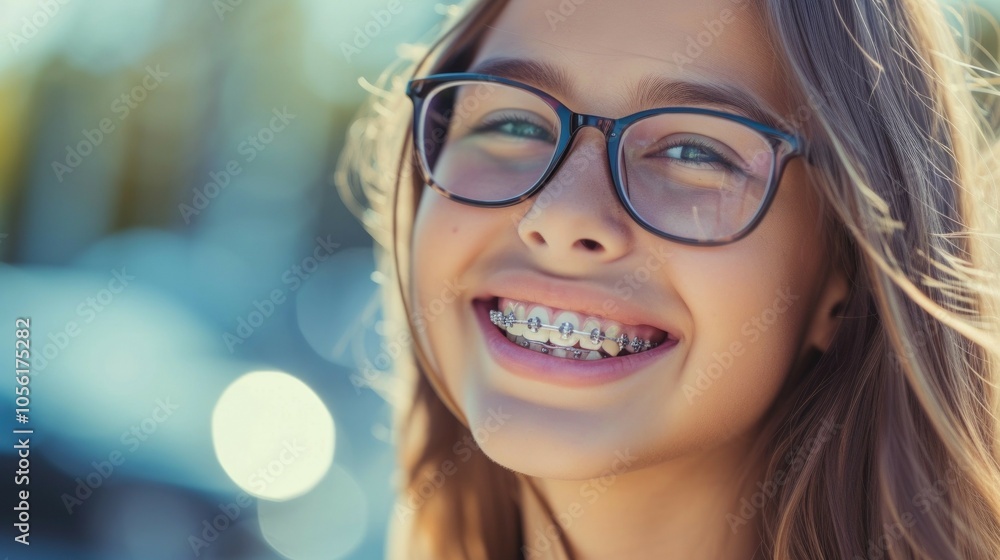 Smiling teen with braces and glasses enjoying a sunny day outdoors Smiling teen with braces and glasses enjoying a sunny day outdoors