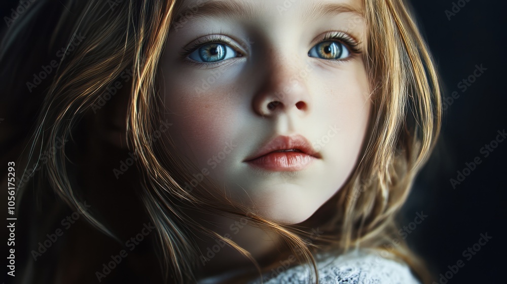 Fototapeta premium Detailed and emotive portrait of a young girl with a shy gaze,