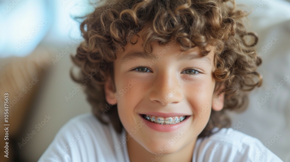 Cheerful young boy with curly hair smiling bravely with braces Cheerful young boy with curly hair smiling bravely with braces