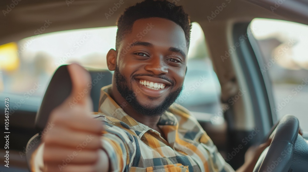 A man is happily giving a thumbs up gesture while sitting inside a car A man is happily giving a thumbs up gesture while sitting inside a car