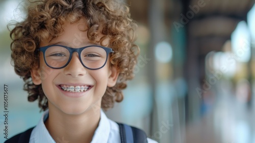 Smiling boy with glasses and braces at train platform