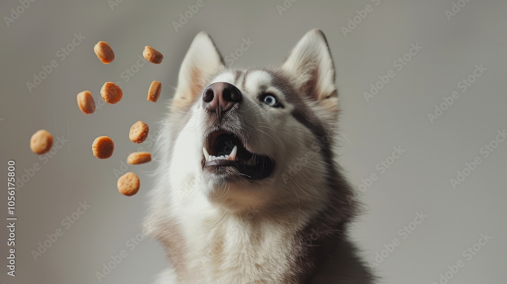 Obraz premium A cheerful husky dog watches with excitement as delicious treats rain down, showcasing its joyful expression and playful nature in a cozy indoor setting