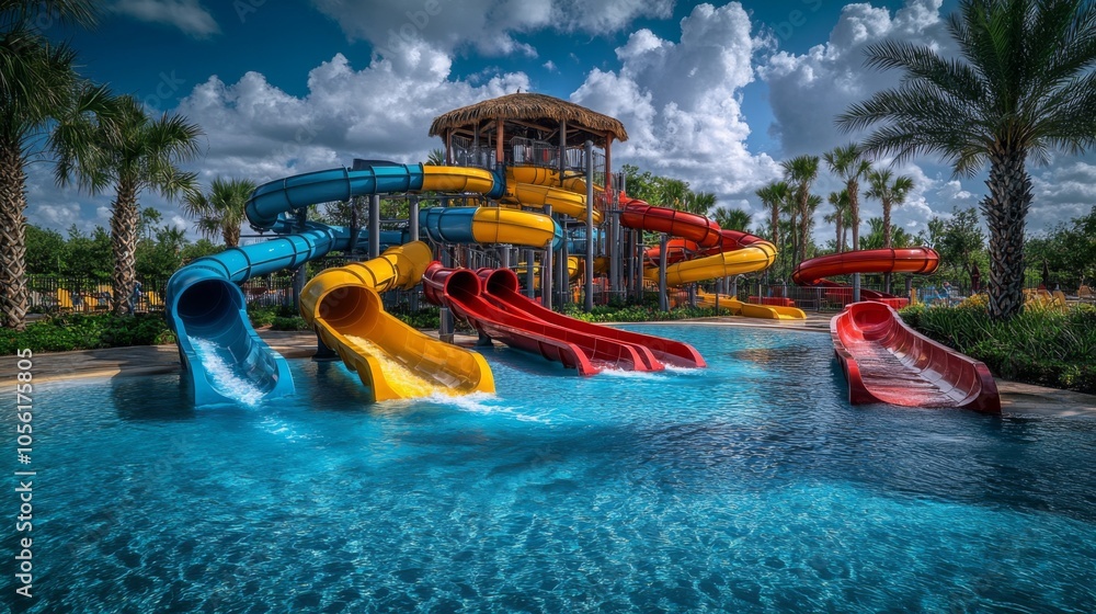 Fototapeta premium Tropical water park with slides