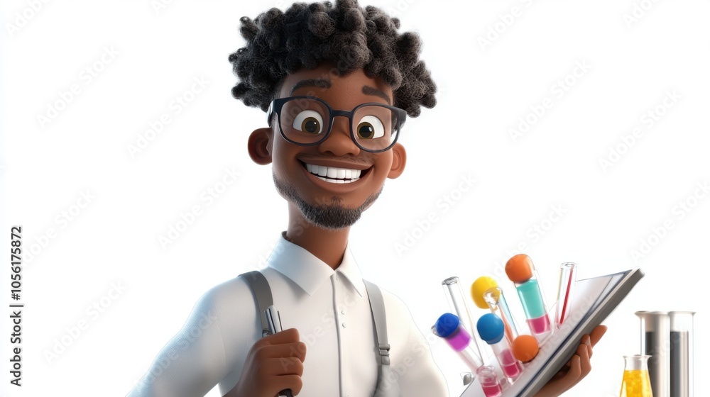 Dynamic 3D cartoon of a Black student with a science project Dynamic 3D cartoon of a Black student with a science project