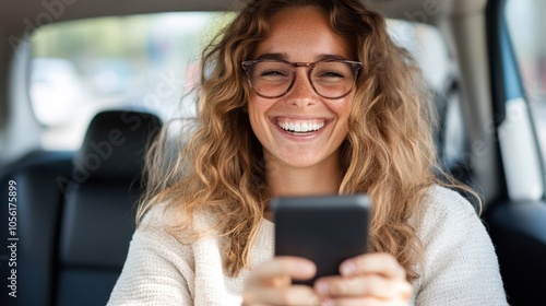 A woman seated in a car, smiling as she checks her smartphone. Her wavy hair and glasses enhance her relaxed look, hinting at a pleasant drive or stopover.