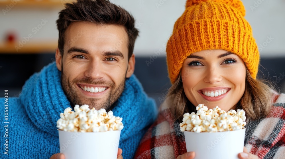 A joyful couple, dressed in cozy winter clothes, smile as they sit together with containers of popcorn, enjoying their time indoors during the cold season. A joyful couple, dressed in cozy winter clothes, smile as they sit together with containers of popcorn, enjoying their time indoors during the cold season.