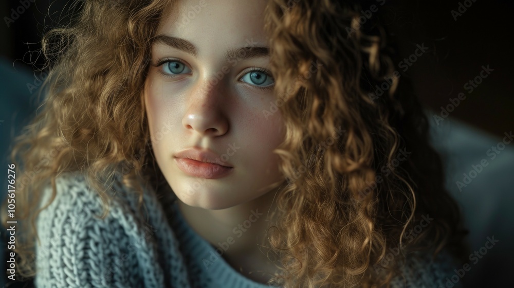 Thoughtful portrait of a young woman with curly hair and intense blue eyes Thoughtful portrait of a young woman with curly hair and intense blue eyes