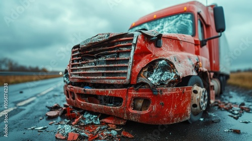 Damaged red truck after a highway accident on a rainy day, crushed front and broken windshield, vehicle crash, road incident, transport wreckage, gloomy weather, destruction, collision scene, roadside