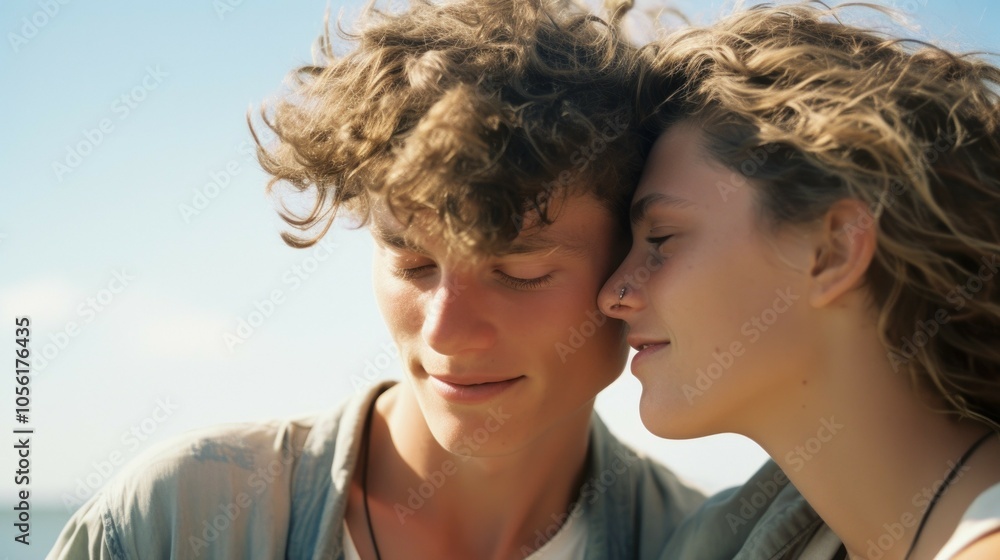 Young couple embracing against clear sky in serene outdoor setting Young couple embracing against clear sky in serene outdoor setting