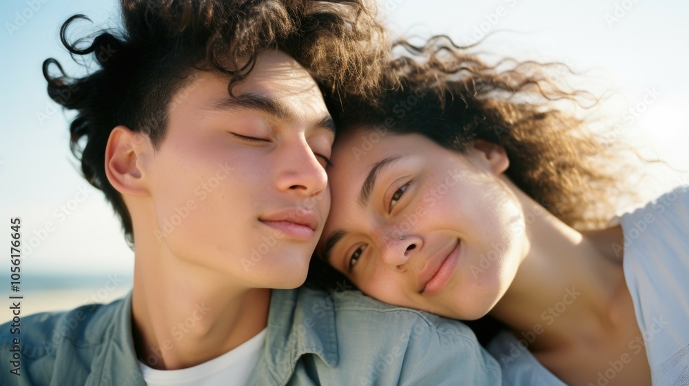 Happy couple relaxing outdoors: young love and serenity by the sea Happy couple relaxing outdoors: young love and serenity by the sea