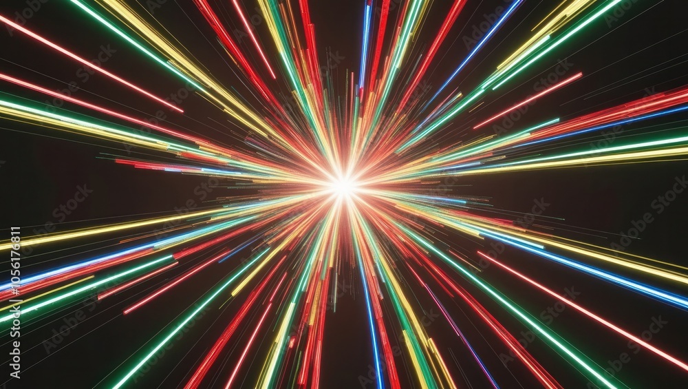 Neon light streaks radiating from the center on a dark background Neon light streaks radiating from the center on a dark background