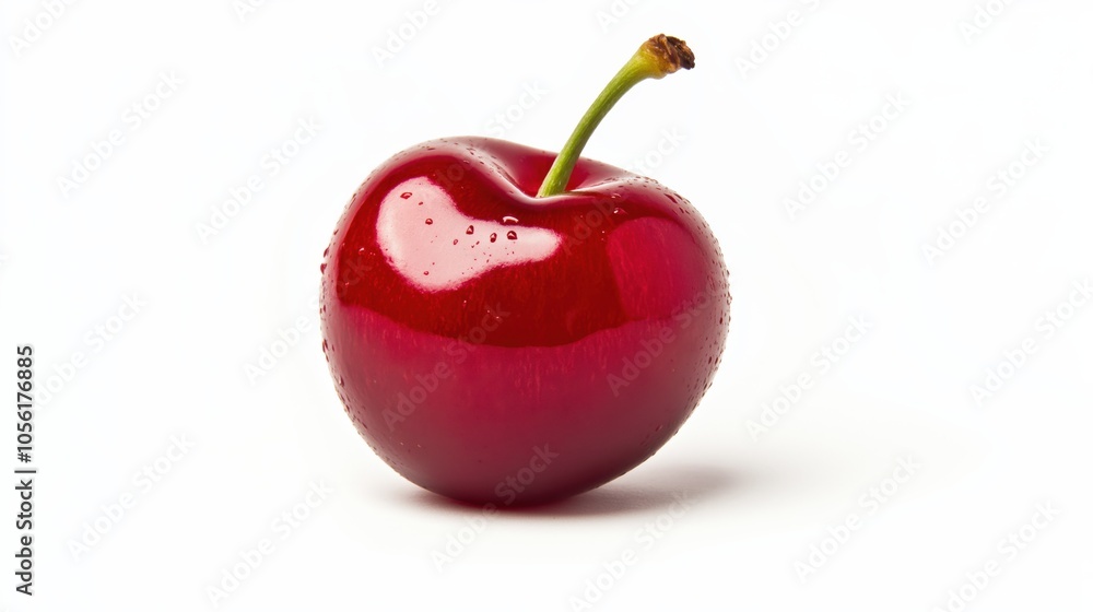 Single fresh cherry with water droplets on white background Single fresh cherry with water droplets on white background