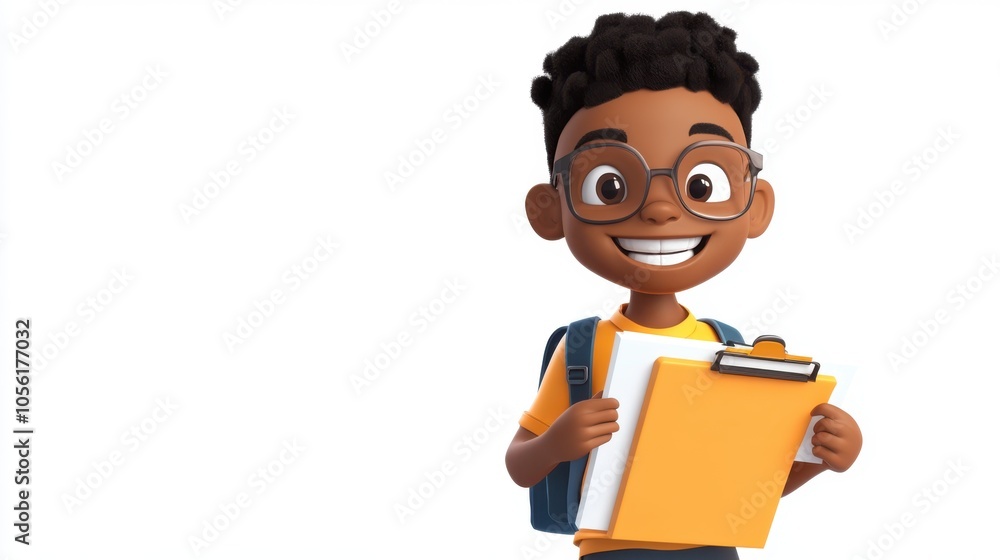 Happy 3D cartoon of a Black boy with a school project, Happy 3D cartoon of a Black boy with a school project,