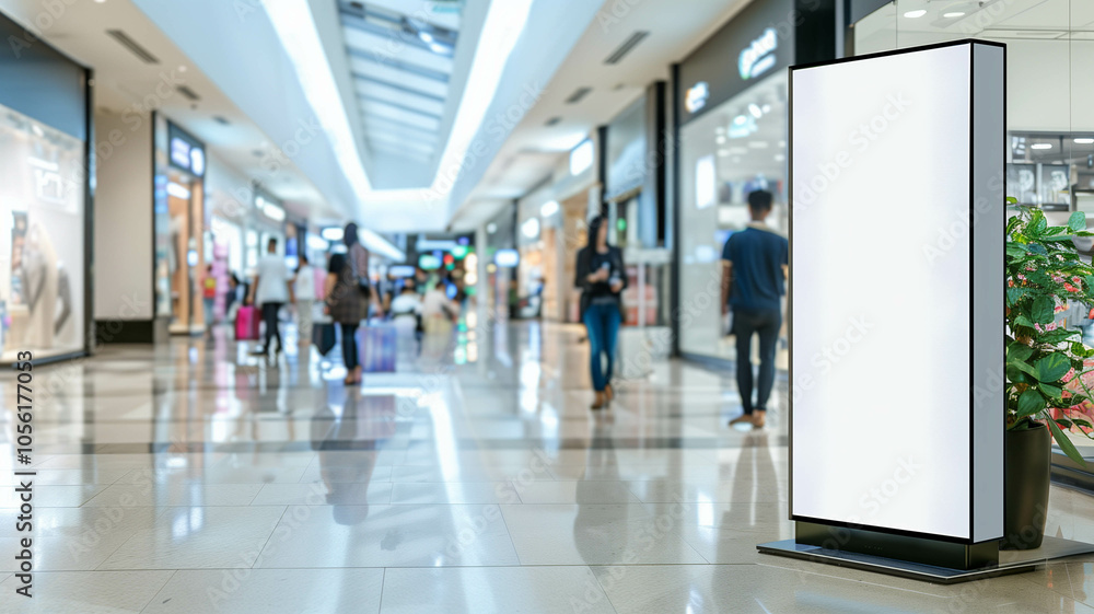mockup poster stand near a central atrium in a shopping mall, surrounded by natural light and modern decor mockup poster stand near a central atrium in a shopping mall, surrounded by natural light and modern decor
