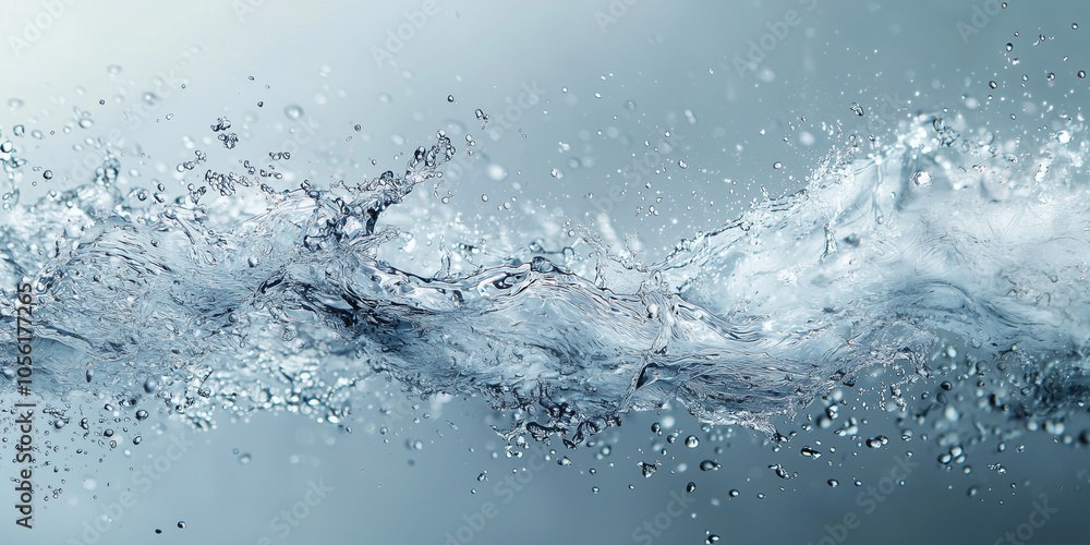 Closeup of water splashing in a wave, high-speed photography; crystal clear droplets with motion freeze, showing fluid motion, banner, horizontal, clean water, white background, isolated - flood Closeup of water splashing in a wave, high-speed photography; crystal clear droplets with motion freeze, showing fluid motion, banner, horizontal, clean water, white background, isolated - flood