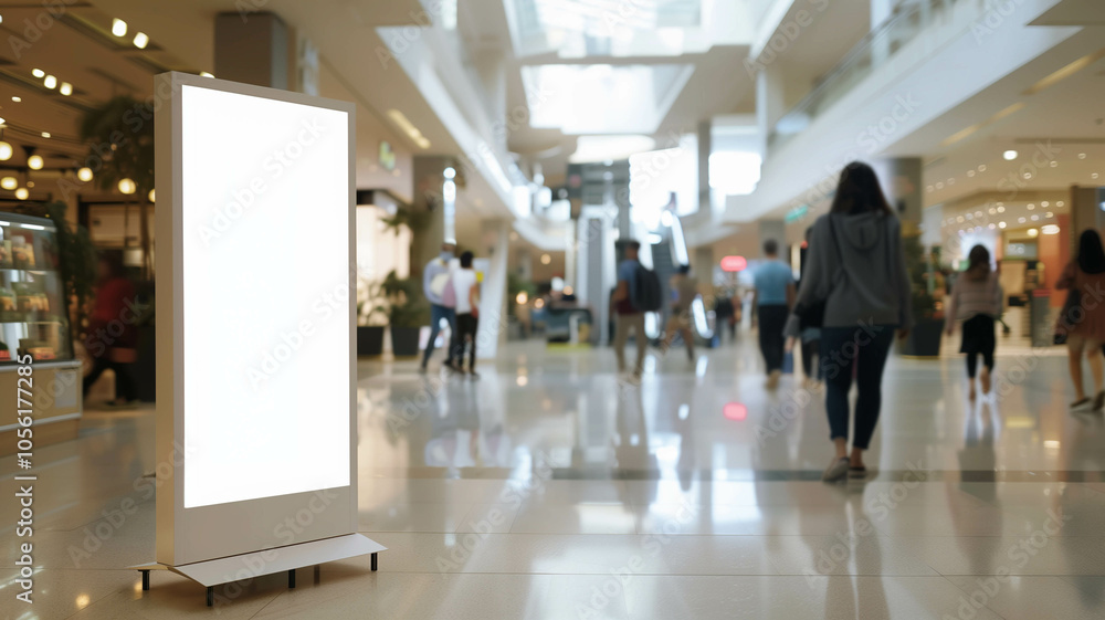 mockup poster stand near a central atrium in a shopping mall, surrounded by natural light and modern decor mockup poster stand near a central atrium in a shopping mall, surrounded by natural light and modern decor