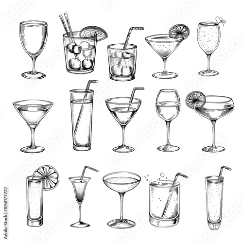 This collection features a variety of drink and alcohol icons, illustrating cocktails and beverages like martinis, highballs, and more in a detailed sketch style, perfect for design projects