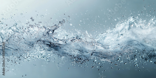 Closeup of water splashing in a wave, high-speed photography; crystal clear droplets with motion freeze, showing fluid motion, banner, horizontal, clean water, white background, isolated - flood