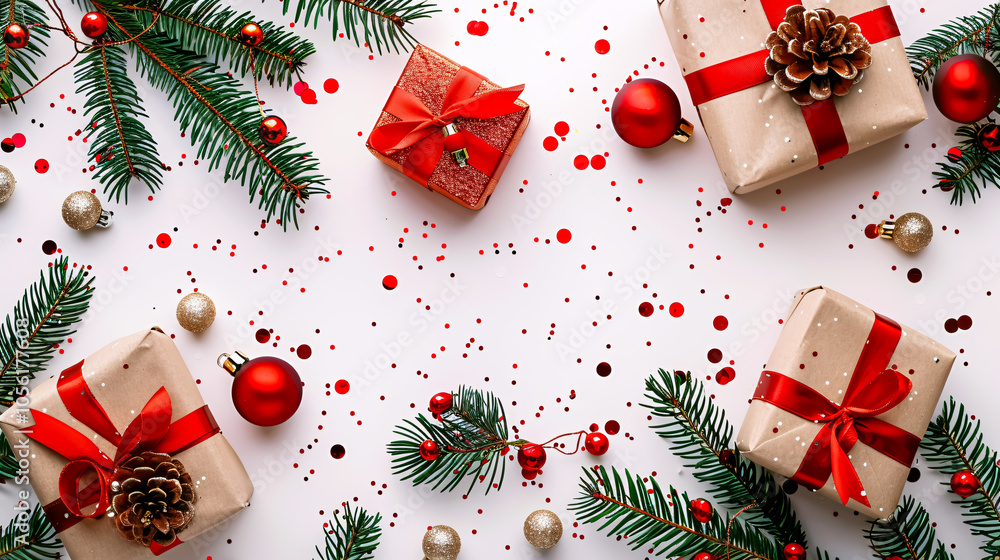 Christmas fir branches, gift boxes with red ribbon, red decoration, sparkles, and confetti on white background. Xmas and New Year greeting card, winter holiday. Flat lay, top view. Christmas fir branches, gift boxes with red ribbon, red decoration, sparkles, and confetti on white background. Xmas and New Year greeting card, winter holiday. Flat lay, top view.