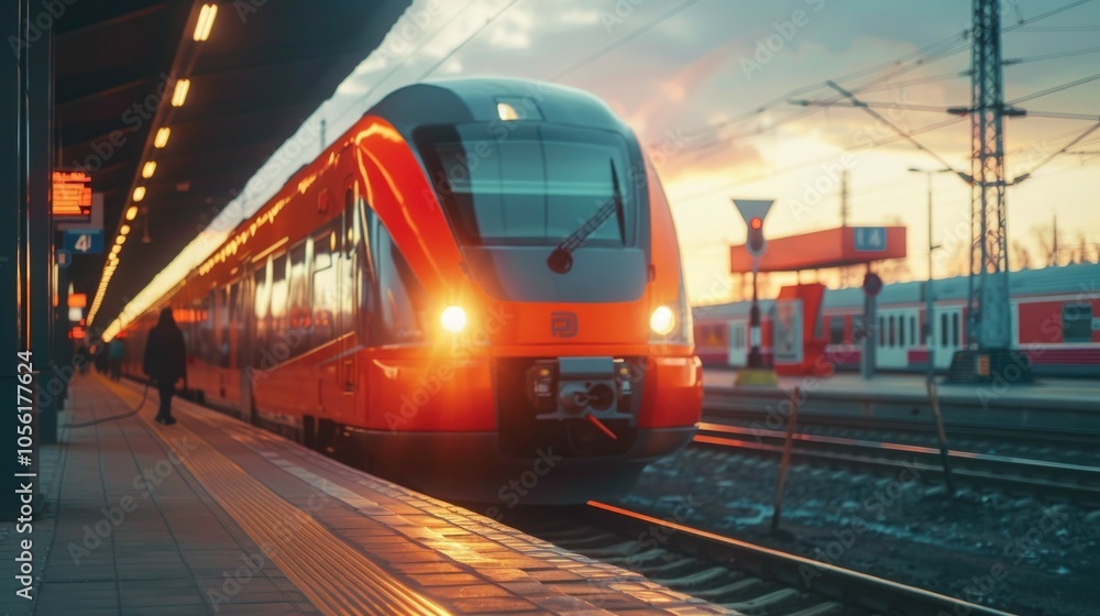 Modern red train at sunset on a busy railway platform Modern red train at sunset on a busy railway platform