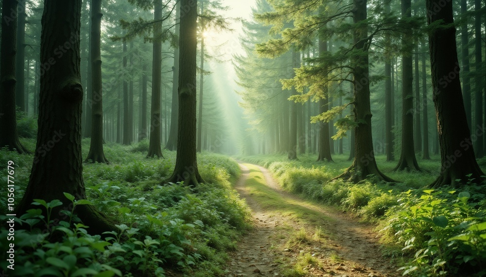 Fototapeta premium Serene forest path illuminated by soft sunlight filtering through tall trees