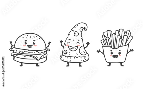 Set of fast food characters isolated on white. Cartoon hamburger, slice of pizza, french fries, cute burger. Doodle style. Vector illustration