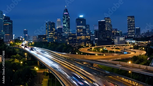 Aerial night view of a bustling city skyline with bright lights and busy traffic, capturing the essence of urban life. video