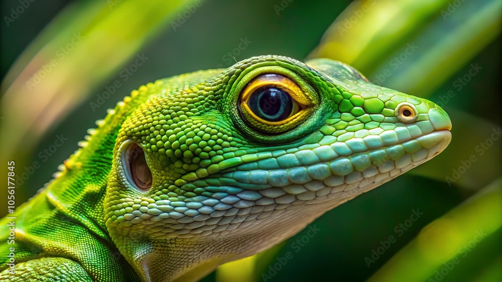 A green tree lizard head. Close-up shot. Generative AI. A green tree lizard head. Close-up shot. Generative AI.