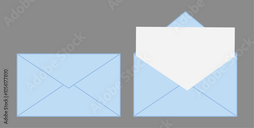 Closed and open blue envelope with a blank white paper sheet on isolated background, vector illustration.