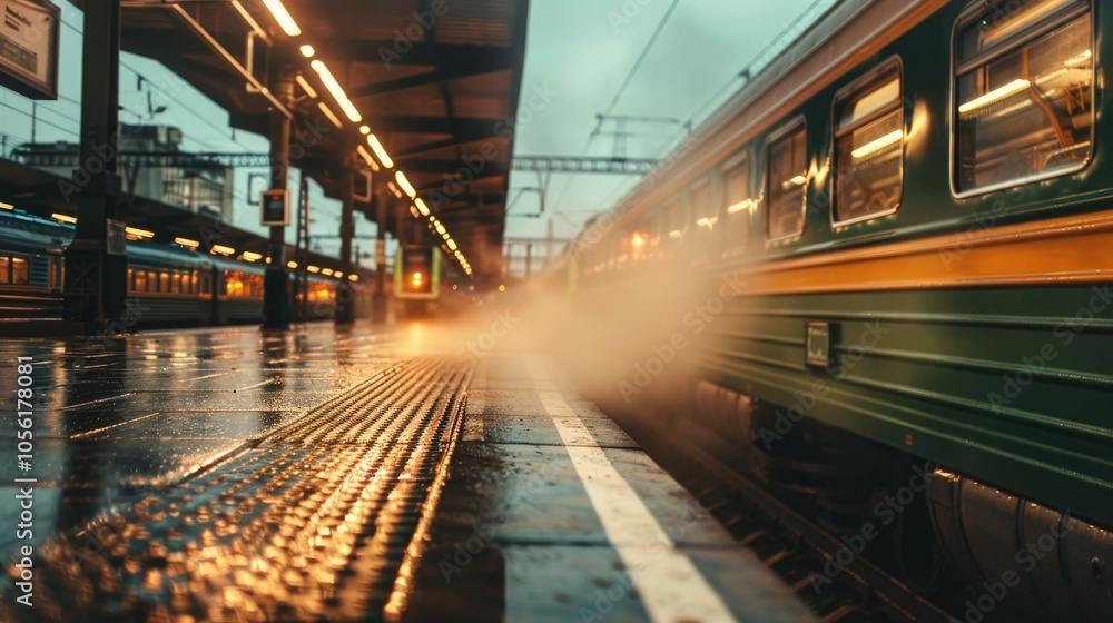 Moody evening train at station with atmospheric lighting and reflections Moody evening train at station with atmospheric lighting and reflections