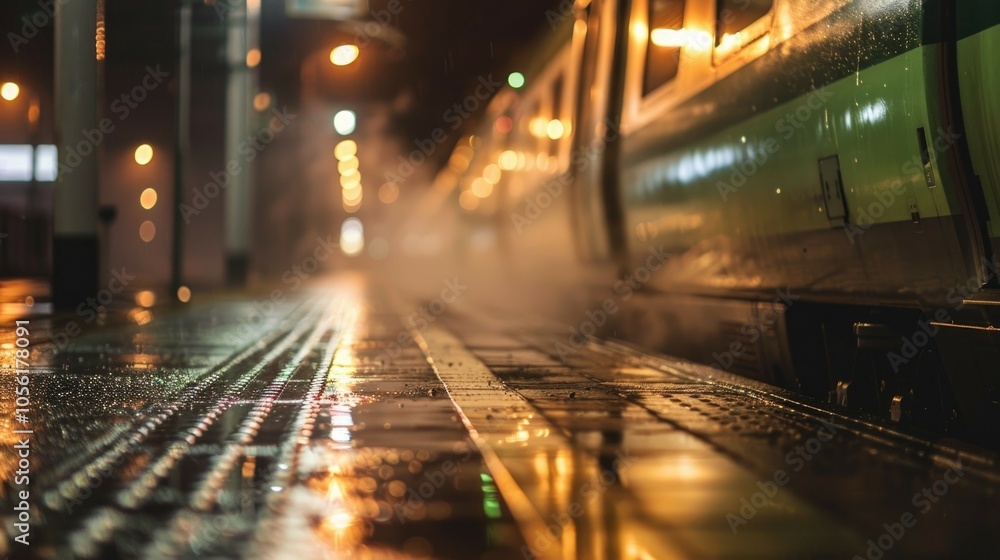 Night train at misty platform: rain, fog, and lights in urban station Night train at misty platform: rain, fog, and lights in urban station