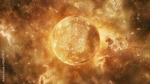 Golden planet surrounded by cosmic clouds and stars in deep space photo