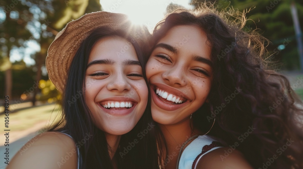Fototapeta premium Joyful friendship of two women smiling outdoors in sunlit park