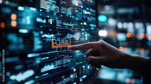 Finger pointing at futuristic data screen with charts and graphs